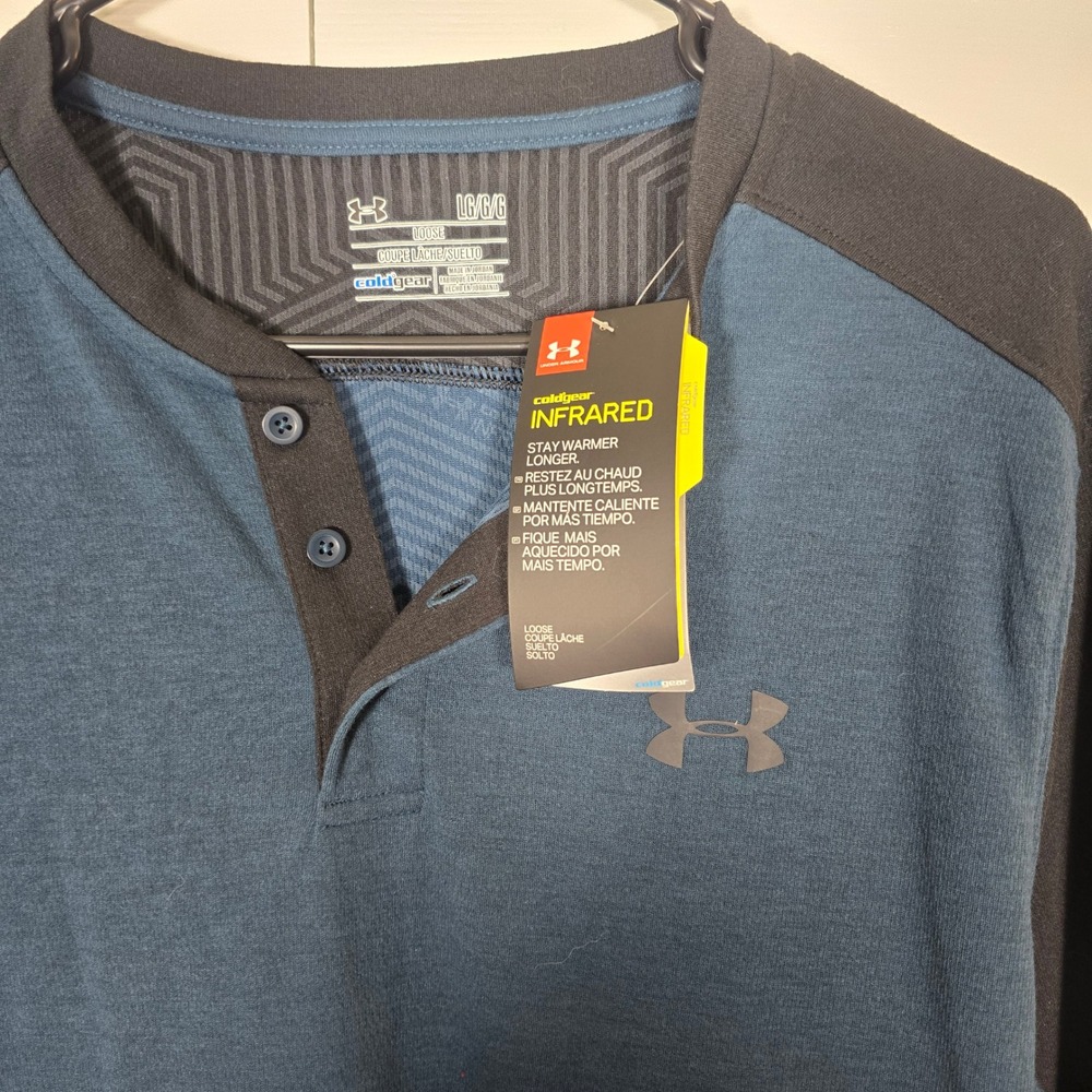 Under Armour ColdGear Infrared Henley Mens Large Blue & Black Long Sleeve NWTs